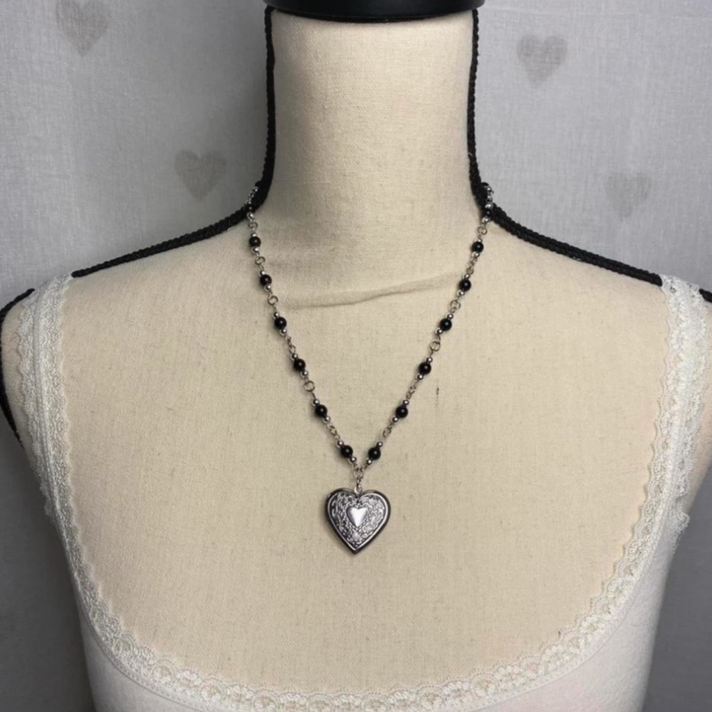 Silver Heart Pendant Necklace with Black Beads